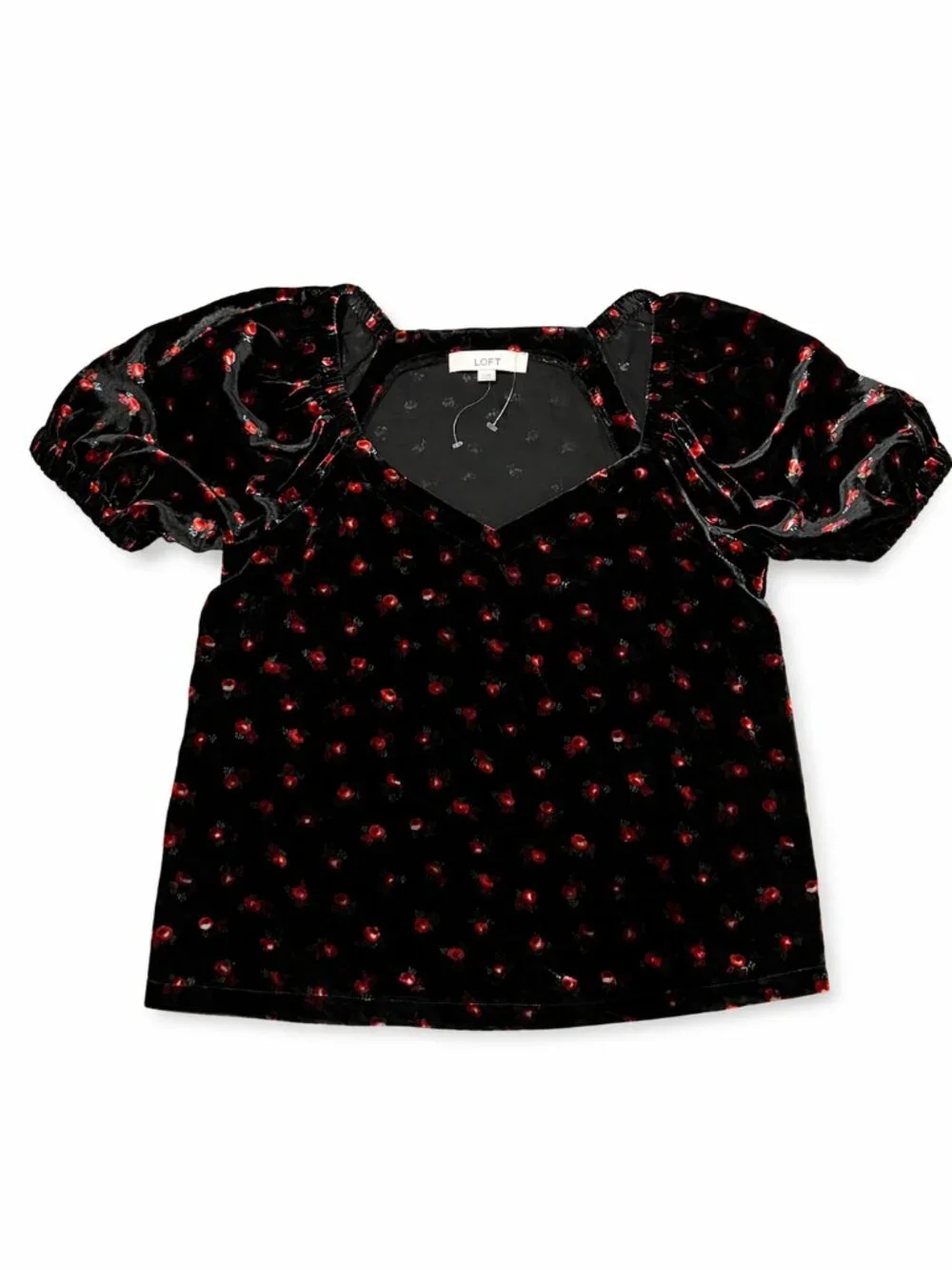 NWOT LOFT Black Velvet Red Floral Puff Sleeve Sweetheart Top XS Cottagecore